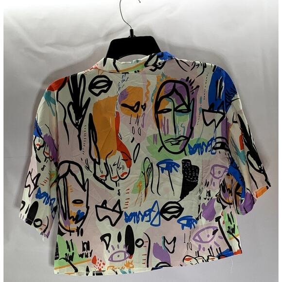 SHEIN Women's White/Multi Graffiti Graphic Button-Up Short Sleeve Crop Top SZ S - Picture 2 of 9